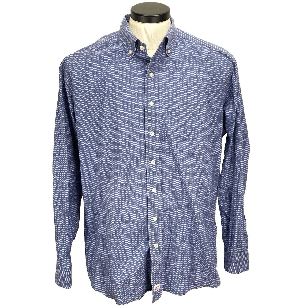 Vineyard Vines Dress Shirt Men XXL Blue Fish Skeleton Geometric Slim Fit Murray